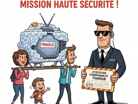 Une famille déplace une TV très fragile. Romuald (TVAMOUR) en garde du corps tient une attestation d'irréparabilité, symbolisant la protection et la gestion des sinistres TV lors d'un déménagement.