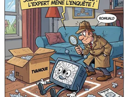 Romuald (TVAMOUR) en détective examine une TV cassée au sol sortie de son carton, entourée d'une scène de crime, symbolisant l'enquête sur un écran TV cassé au déballage.