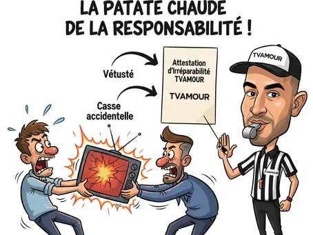 Illustration humoristique d'un locataire et d'un propriétaire se disputant une TV cassée, Romuald (TVAMOUR) en arbitre tenant l'attestation d'irréparabilité pour clarifier la responsabilité.