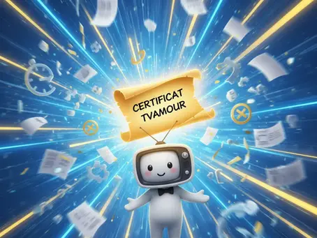 Un personnage souriant avec une tête de télévision est au centre d'une explosion de lumière et de vitesse. Un parchemin 'CERTIFICAT TVAMOUR' descend, tandis que des papiers, des horloges et des symboles de problèmes sont projetés au loin, symbolisant la rapidité et la simplification du processus.
