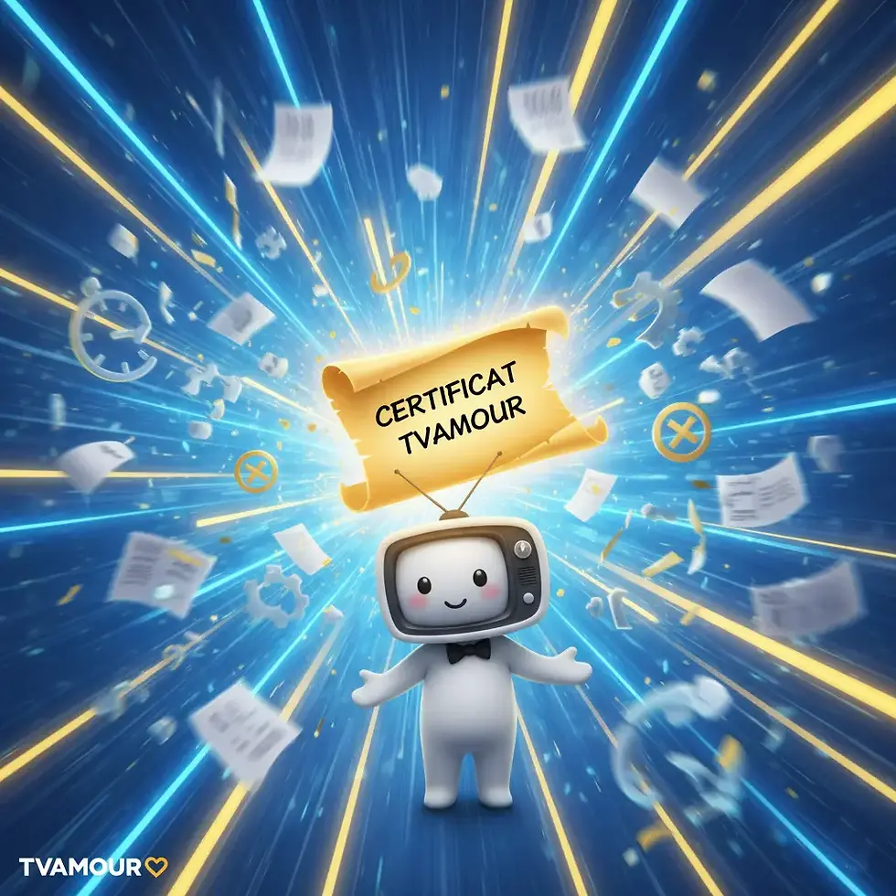 Un personnage souriant avec une tête de télévision est au centre d'une explosion de lumière et de vitesse. Un parchemin 'CERTIFICAT TVAMOUR' descend, tandis que des papiers, des horloges et des symboles de problèmes sont projetés au loin, symbolisant la rapidité et la simplification du processus.