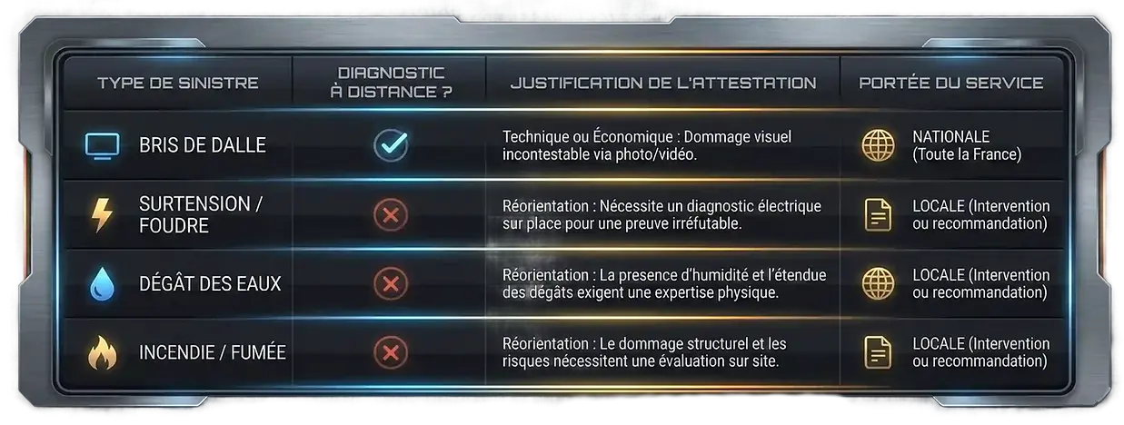 Tableau des services TVAMOUR. L'expertise à distance est possible uniquement pour le Bris