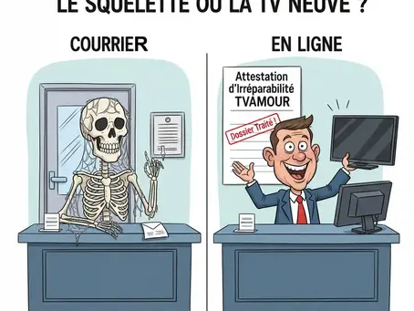 Un squelette à un bureau pour le 'Courrier' symbolise la lenteur, tandis que Romuald (TVAMOUR) sourit derrière un ordinateur pour le service 'En Ligne', avec un dossier traité et une attestation d'irréparabilité TVAMOUR, symbolisant la rapidité de la déclaration de sinistre TV.