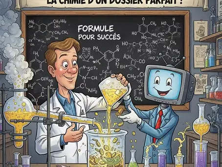 Romuald (TVAMOUR) et une TV en costume versent un liquide d'une éprouvette dans un bocal d'argent, symbolisant la 'formule gagnante' pour le remboursement d'une TV cassée.