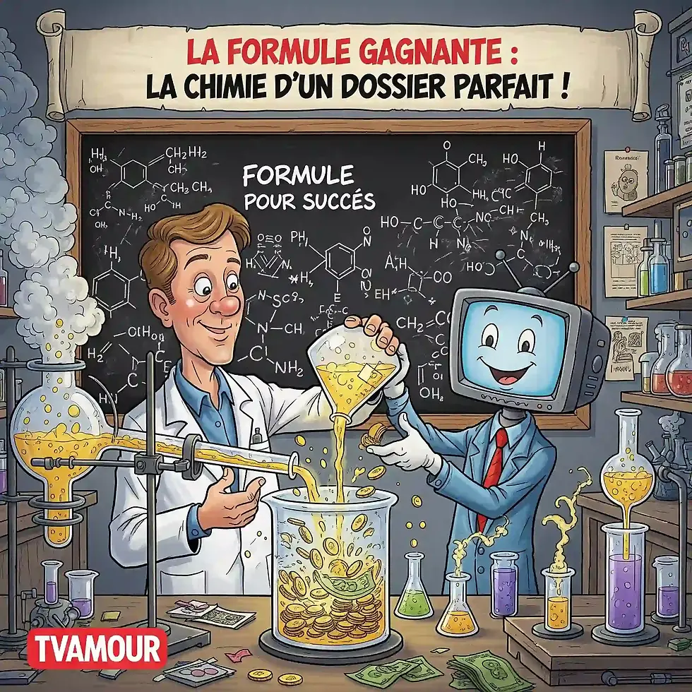 Romuald (TVAMOUR) et une TV en costume versent un liquide d'une éprouvette dans un bocal d'argent, symbolisant la 'formule gagnante' pour le remboursement d'une TV cassée.