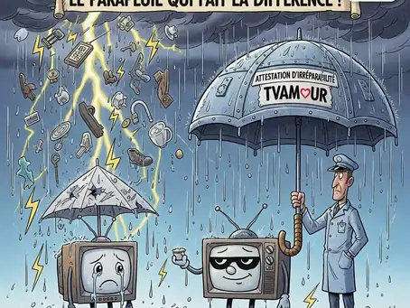 Un homme (Romuald) tient un grand parapluie 'Attestation d'irréparabilité TVAMOUR' protégeant une TV souriante. Une autre TV, triste et abîmée, est sous un parapluie troué, symbolisant la différence entre une bonne et une mauvaise couverture d'assurance TV.