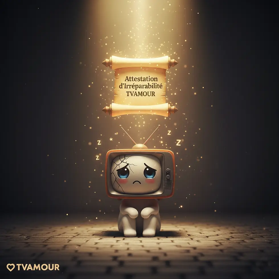 Une petite TV au corps blanc et à l'écran fissuré, l'air triste, est à genoux sur un sol éclairé. Au-dessus d'elle, un parchemin lumineux descend du ciel, étiqueté 'Attestation d'irréparabilité TVAMOUR', symbolisant la solution.