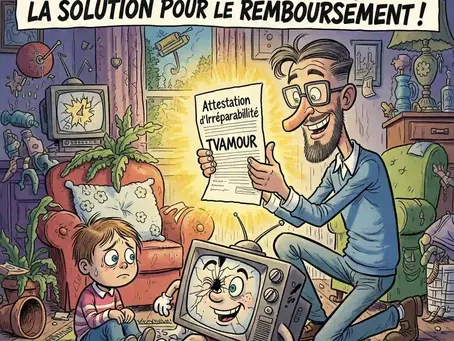 Dans un salon en désordre, une TV cassée et un enfant inquiet regardent Romuald (TVAMOUR) présenter une attestation d'irréparabilité, symbolisant la solution pour une TV cassée par une bêtise.