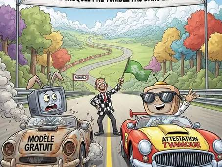 Une course entre une vieille voiture 'Modèle Gratuit' conduite par une TV inquiète et une voiture de sport 'Attestation TVAMOUR' avec une TV souriante. Romuald (arbitre) agite le drapeau, symbolisant les pièges des modèles d'attestation gratuits.
