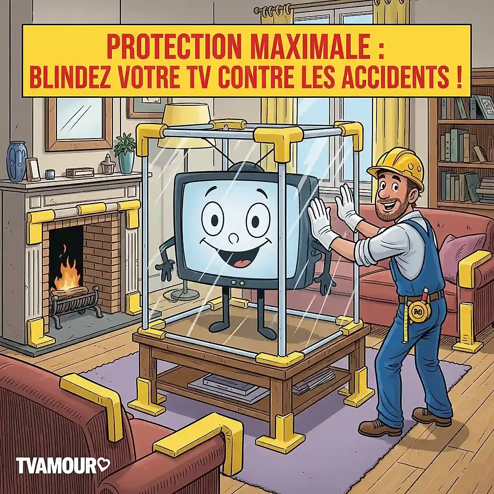 Un homme (Romuald) en tenue de bricoleur protège une TV souriante en l'enfermant dans une boîte en plexiglas et en posant des protections sur les meubles, symbolisant la protection du téléviseur contre les accidents.