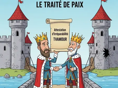 Deux rois (représentant des parties) se serrent la main sur un pont, tenant une attestation d'irréparabilité TVAMOUR, symbolisant la résolution d'un litige de Responsabilité Civile pour une TV endommagée entre voisins.