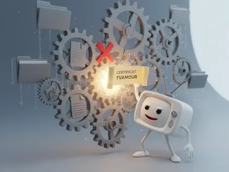 Un personnage avec une tête de télévision souriante tient un parchemin lumineux 'Certificat TVAMOUR' qui s'insère au centre d'un engrenage complexe de dossiers et de rouages, symbolisant la simplification des démarches administratives bloquées.
