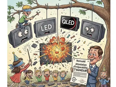 Des enfants frappent des TVs LED et QLED comme des piñatas, et une TV explose, montrant la fragilité des écrans. Romuald (TVAMOUR) sourit en tenant une attestation d'irréparabilité, symbolisant la fragilité des TV.