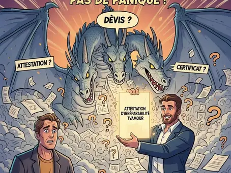 Illustration de Romuald de TVAMOUR dissipant la confusion (représentée par un dragon à trois têtes et de la paperasse) autour des termes 'attestation', 'devis' et 'certificat' d'irréparabilité, en présentant le document TVAMOUR.