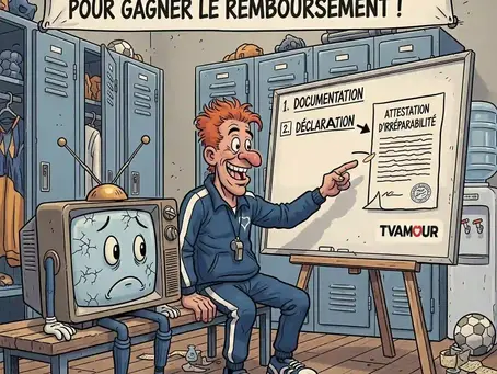 Un entraîneur (Romuald) explique à une TV cassée un plan de jeu sur un tableau blanc, montrant les étapes 'Documentation', 'Déclaration' et 'Attestation d'irréparabilité TVAMOUR', symbolisant la stratégie pour le remboursement.