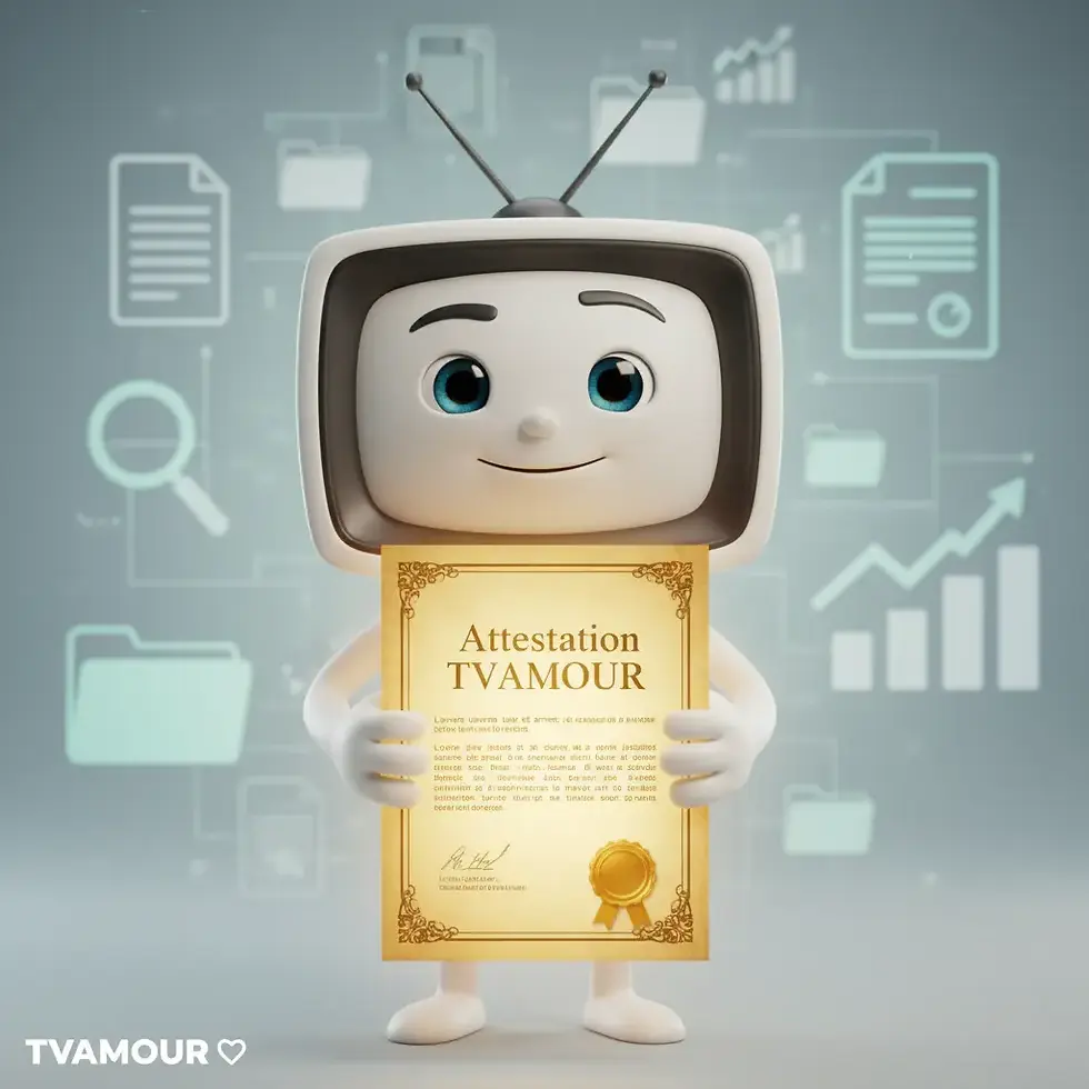 Un personnage souriant avec une tête de télévision tient un document officiel encadré 'Attestation TVAMOUR' avec un sceau, sur un fond de dossiers et de graphiques, symbolisant la crédibilité de l'attestation pour l'assurance.