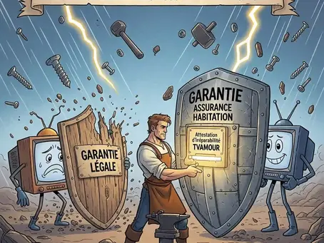 Un homme (Romuald) tient un grand bouclier 'Garantie Assurance Habitation' avec une attestation d'irréparabilité, protégeant une TV souriante de la tempête. Une autre TV, triste, se cache derrière un petit bouclier brisé 'Garantie Légale'.