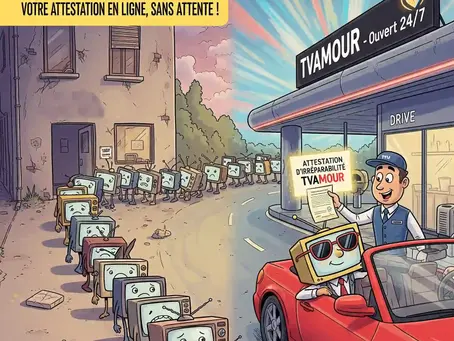 Une longue file de vieilles TVs cassées et tristes attendent, tandis qu'une TV moderne souriante passe au drive TVAMOUR 247, où Romuald lui remet une attestation d'irréparabilité, symbolisant la rapidité du service en ligne.
