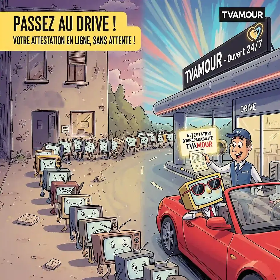 Une longue file de vieilles TVs cassées et tristes attendent, tandis qu'une TV moderne souriante passe au drive TVAMOUR 247, où Romuald lui remet une attestation d'irréparabilité, symbolisant la rapidité du service en ligne.