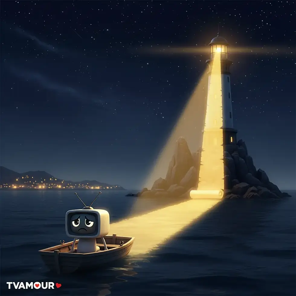 Un personnage avec une tête de télévision triste est assis seul dans une barque en pleine mer. Un phare sur une île rocheuse projette un faisceau de lumière dorée sur lui, symbolisant TVAMOUR comme guide vers la solution de sinistre.