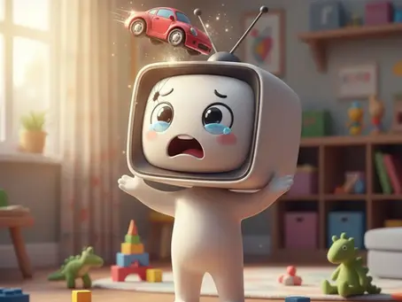 Un personnage avec une tête de TV pleure dans une chambre d'enfant en désordre, tandis qu'une petite voiture rouge s'apprête à atterrir sur sa tête, symbolisant les dommages accidentels causés par un enfant.
