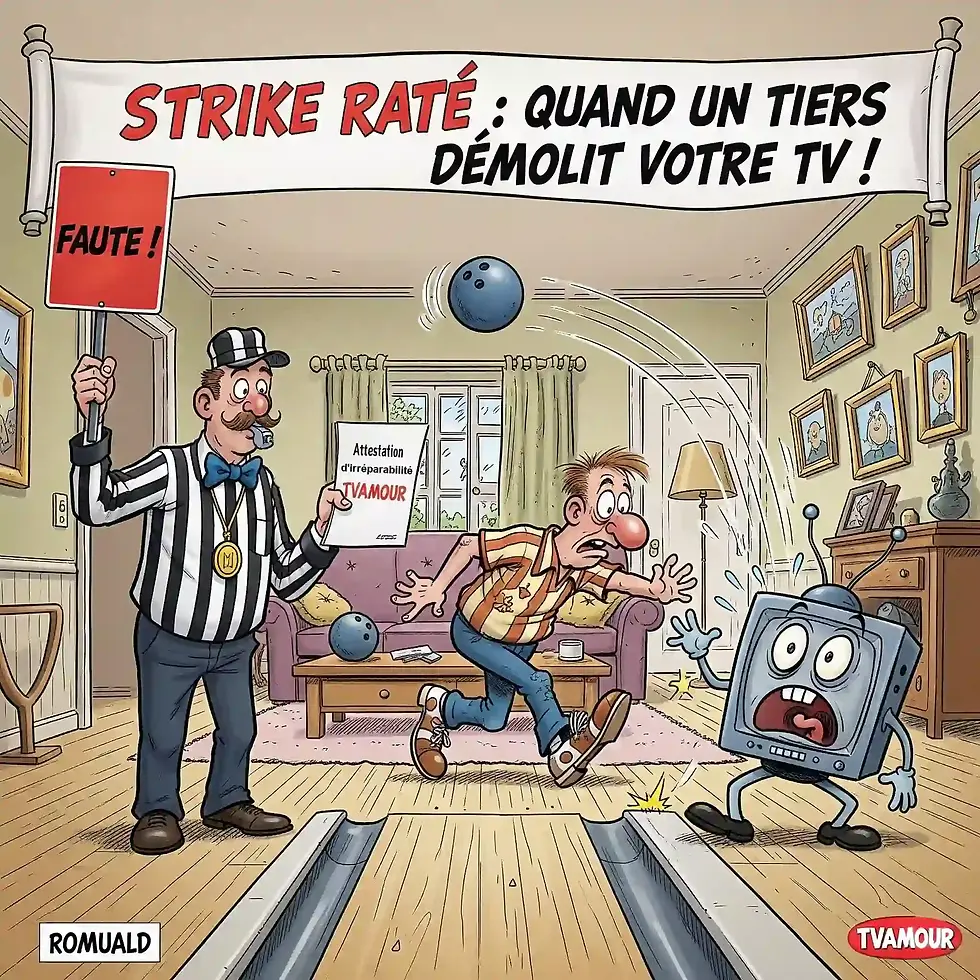 Un homme lance une boule de bowling vers une TV effrayée. Romuald (TVAMOUR) en arbitre tient une attestation d'irréparabilité, signalant la faute d'un tiers ayant cassé une TV.