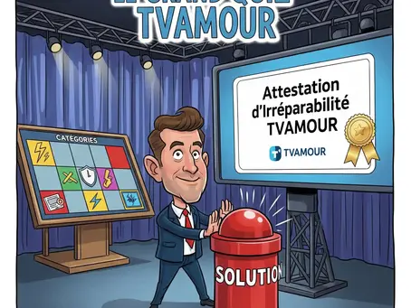 Romuald (TVAMOUR) sur un plateau de jeu télévisé, prêt à appuyer sur le bouton 'SOLUTION' devant une attestation d'irréparabilité TVAMOUR affichée, symbolisant la réponse aux problèmes de TV.