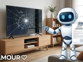 Illustration d'une airbnb tv cassée avec la mascotte TVAMOUR pour procédure de remboursement assurance.