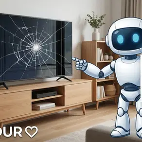 Illustration d'une airbnb tv cassée avec la mascotte TVAMOUR pour procédure de remboursement assurance.