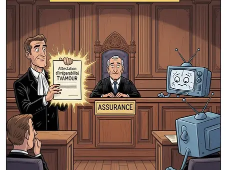 Un avocat présente une attestation d'irréparabilité TVAMOUR à un juge dans un tribunal, prouvant la casse d'une TV, symbolisant une preuve irréfutable face à l'assurance.