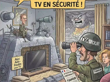 Un homme en uniforme TVAMOUR observe un orage menaçant, tandis qu'une TV est protégée dans un abri anti-foudre. Il tient une attestation d'irréparabilité TVAMOUR, symbolisant la protection de la TV contre la foudre.