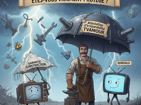Un homme (Romuald) tient un grand parapluie 'Attestation d'irréparabilité TVAMOUR' protégeant une TV moderne souriante. Une autre TV, triste et abîmée, est sous un parapluie 'Garantie Constructeur' déchiré, symbolisant la différence entre une garantie constructeur et l'attestation d'irréparabilité.