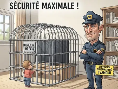 Romuald (TVAMOUR) en uniforme de policier surveille une TV enfermée dans une cage anti-enfant, avec un enfant qui la regarde. Il tient une attestation d'irréparabilité, symbolisant la protection de la TV contre les enfants.