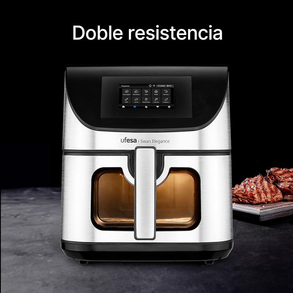 Miniaturbild: Ufesa Heißluftfritteuse mit zwei Fächern, Text Doble resistencia, neben Fleisch.