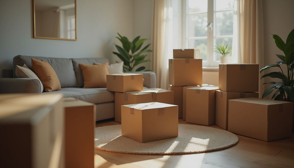 Close-up view of assorted packing materials with boxes and tape