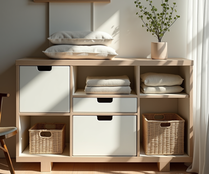 Ljus möbel med förvaringslådor.