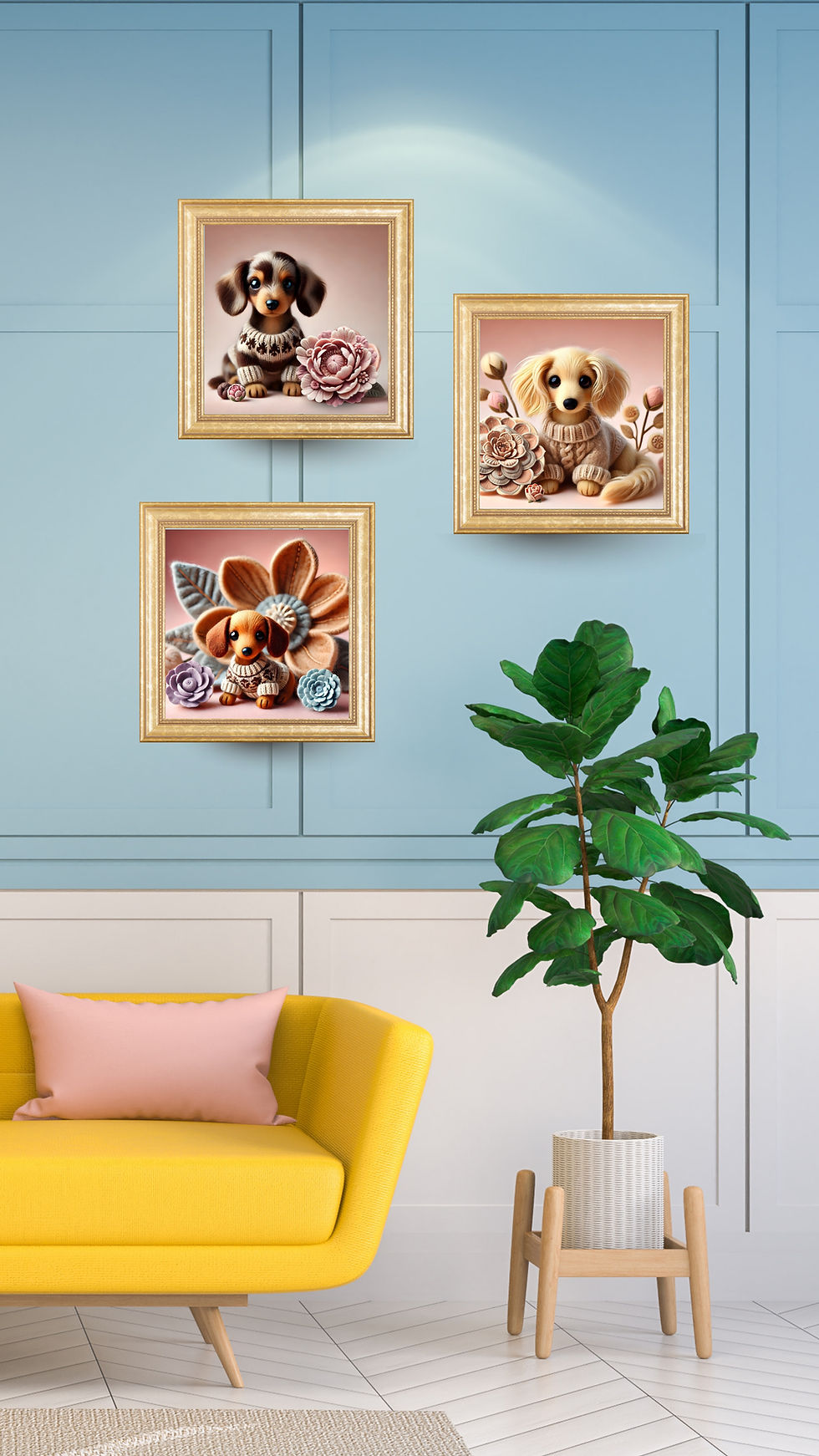 Floral dachshund wall art creates a soft gallery wall for nurseries and cozy rooms.
