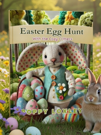 Cover of “Easter Egg Hunt With the Cozy Critters” featuring a soft felt-style bunny holding decorated Easter eggs in a spring meadow, surrounded by colorful flowers and woodland scenery.
