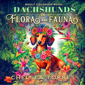 Dachshund surrounded by vibrant tropical flowers and butterflies, on the cover of Dachshunds in Flora and Fauna.
