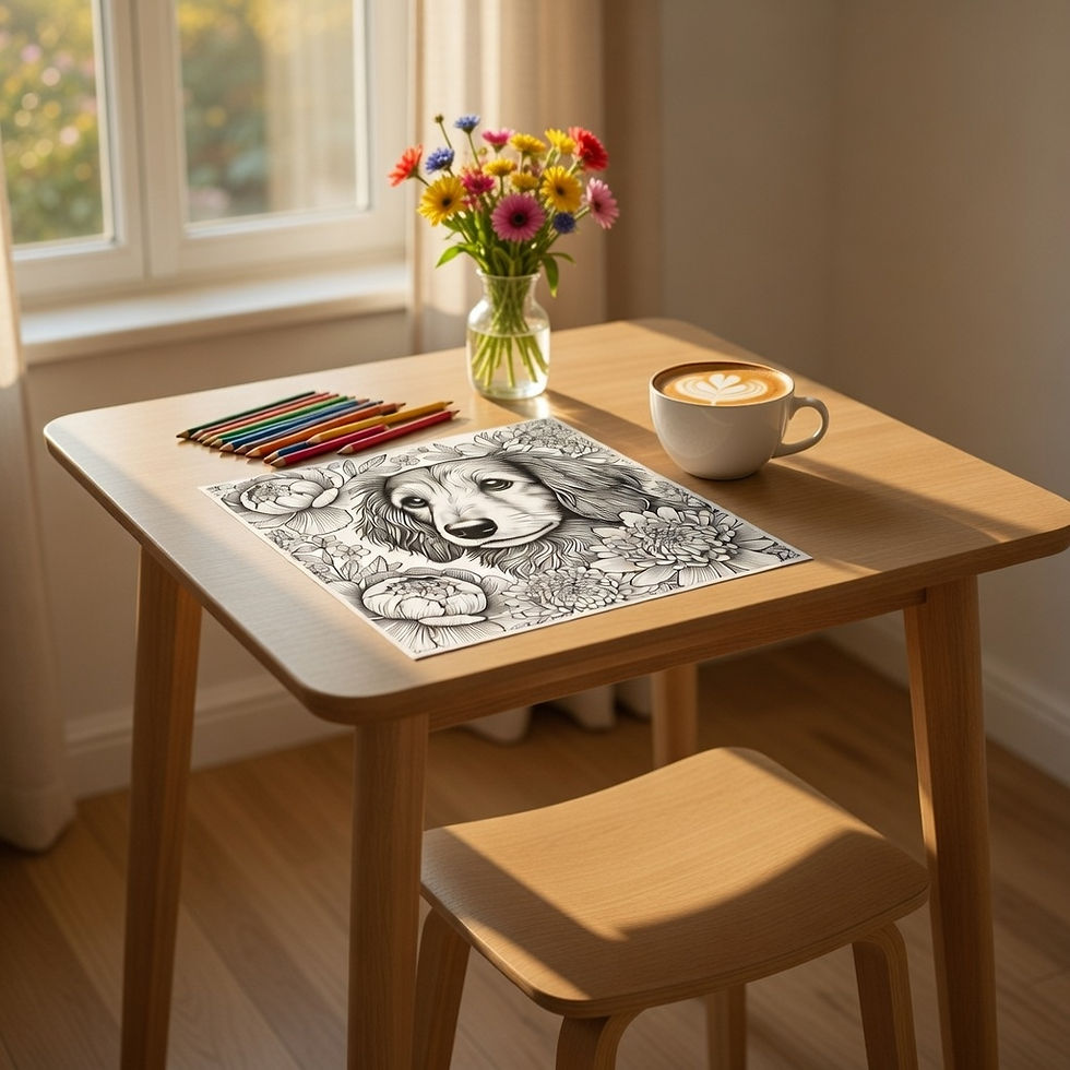 cozy table with dachshund coloring page, colored pencils and coffee for relaxing adult coloring