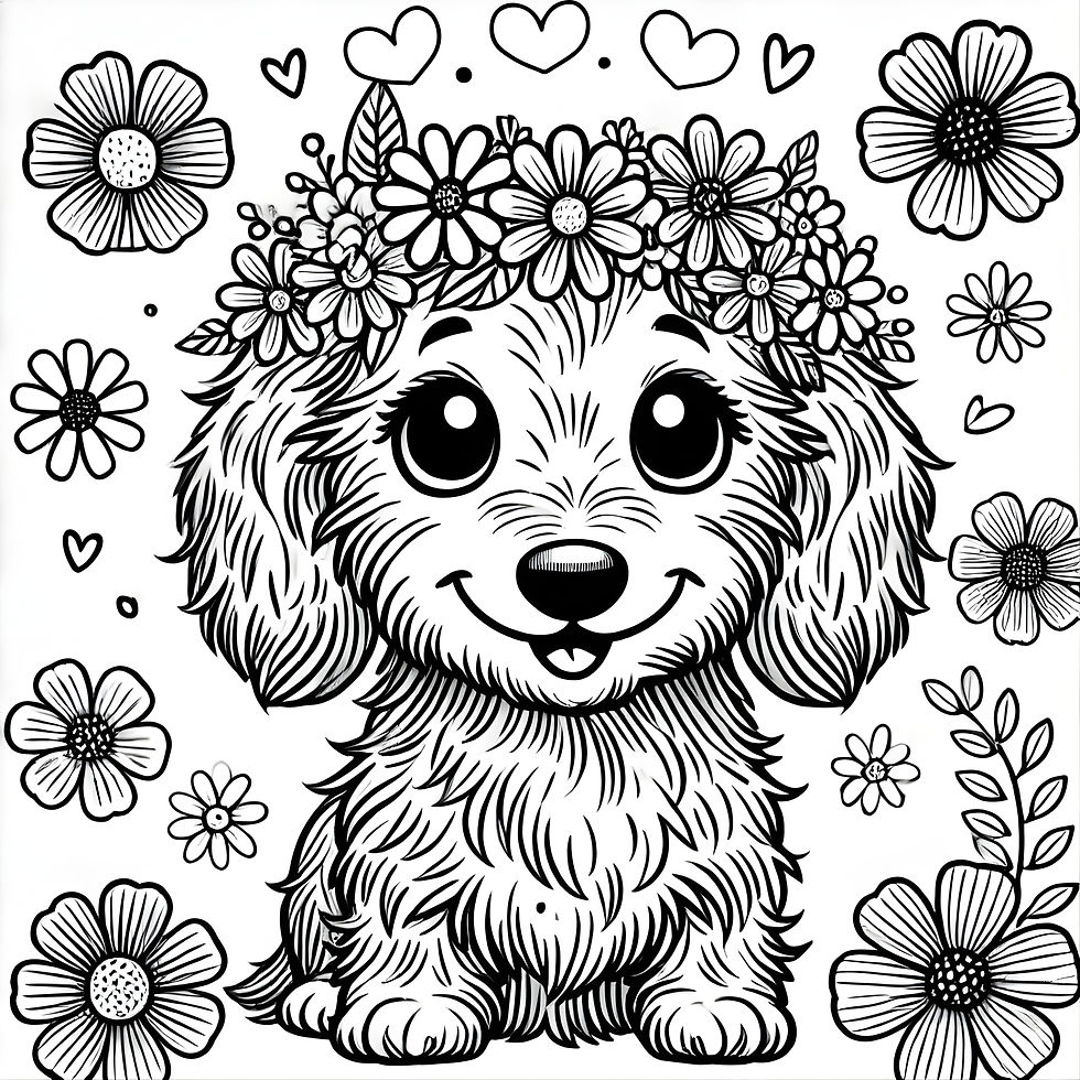Dog-themed Easter coloring page with floral crown for kids