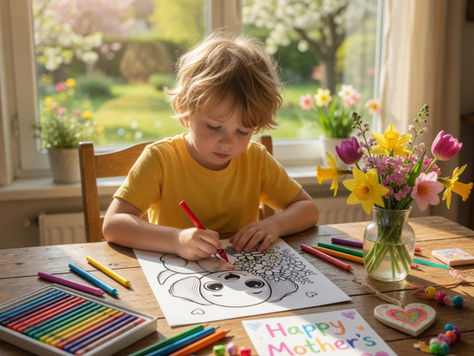 child coloring a dachshund Mother’s Day coloring page with crayons at a table with flowers