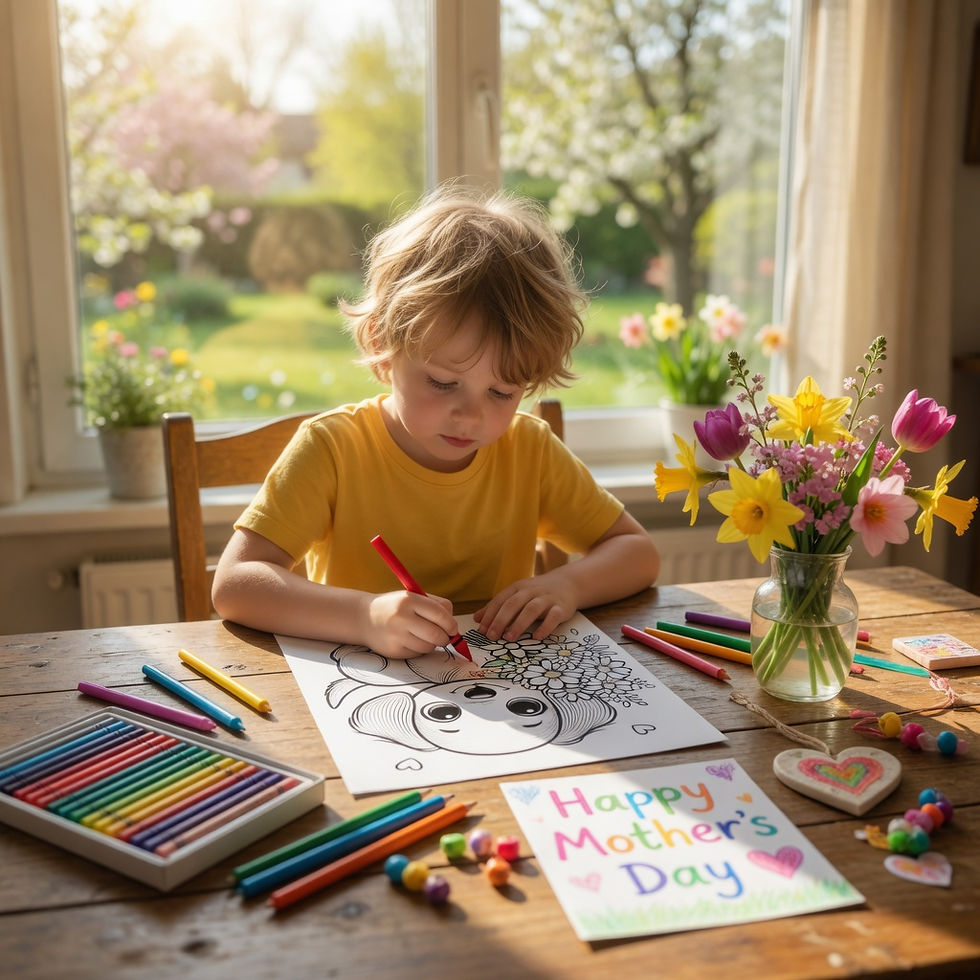 child making mothers day coloring gift at home