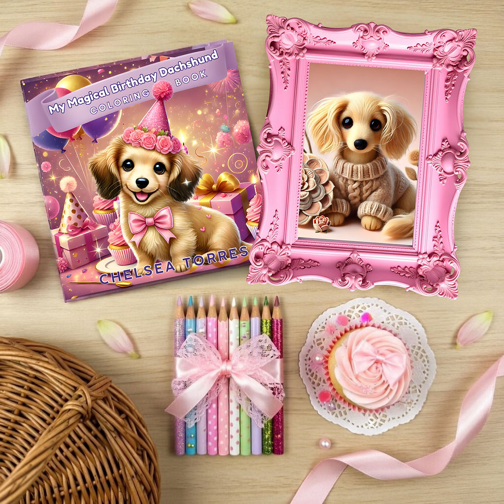 dachshund birthday gift basket for girls with coloring book and floral dachshund wall art