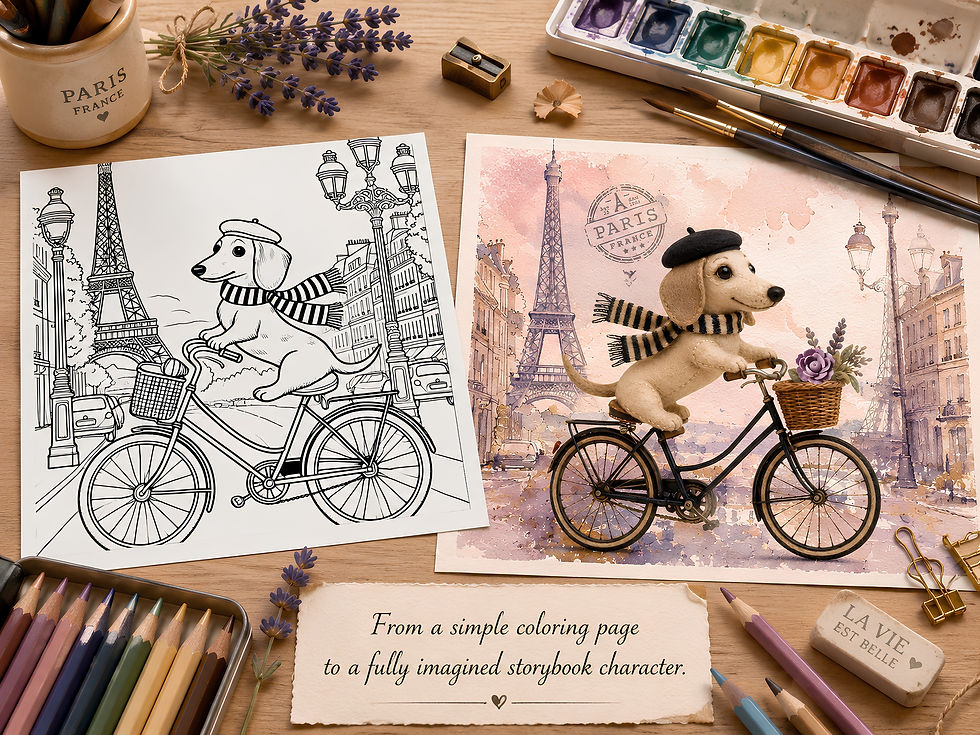 Side-by-side comparison of Lucie the Bicycle Pup as an original coloring page and a finished watercolor-style Paris illustration.