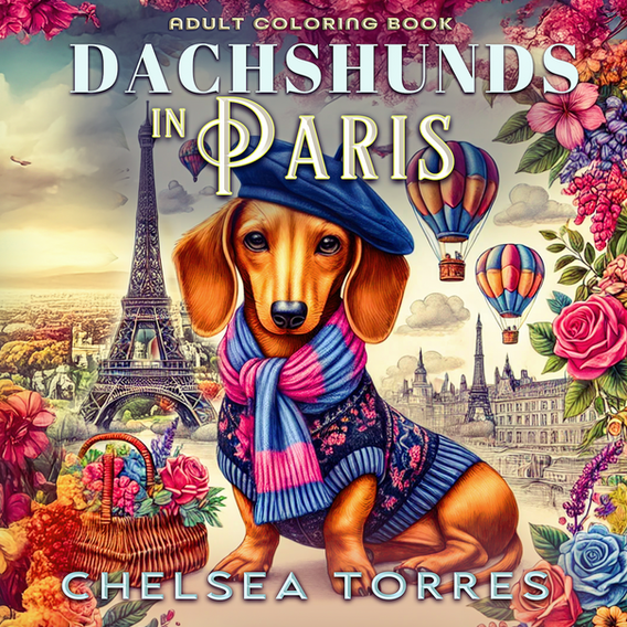 Stylish dachshund in a beret with Eiffel Tower and hot air balloons in the background, from Dachshunds in Paris Coloring Book.