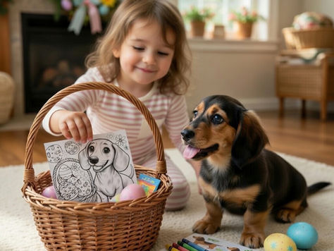 a young child happily going through her Easter basket with her pet dachshund