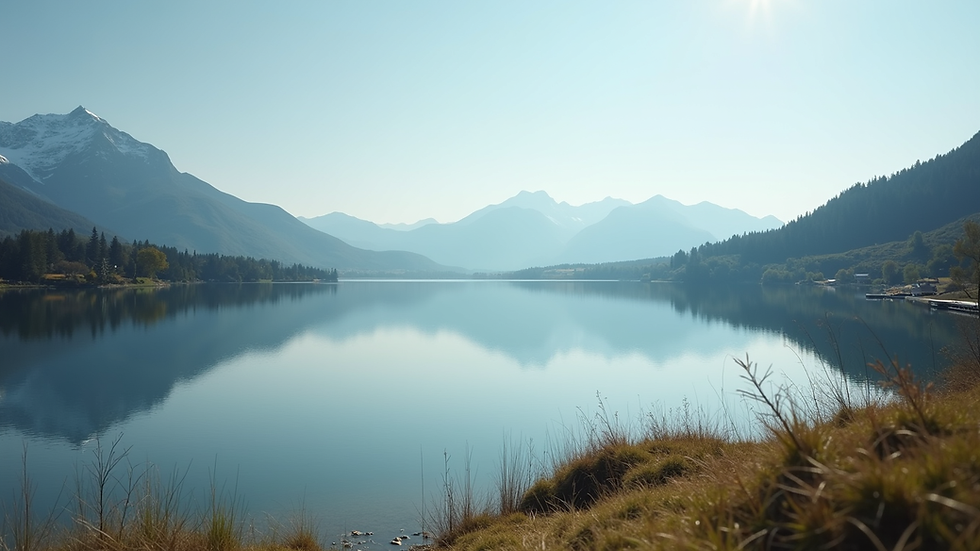 Eye-level view of a serene landscape with a calm lake and mountains in the background