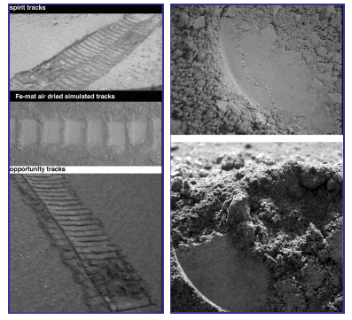 Images I took in 2004, the left panel shows images (top and bottom) of the tracks left by Spirit and Opportunity on the Martian surface, the middle image was made by a Lego rover traveling over an air-dried sample of microbial iron mat collected 12 years earlier. The right panel compares the compaction pattern of one of the rovers instruments (bottom right) with a pattern made using a spatuala in a freshly collected, freeze-dried sample of iron mat.