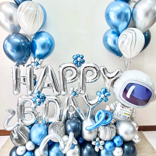 Creative metallic blue and silver balloon arrangement with Happy B-Day sign